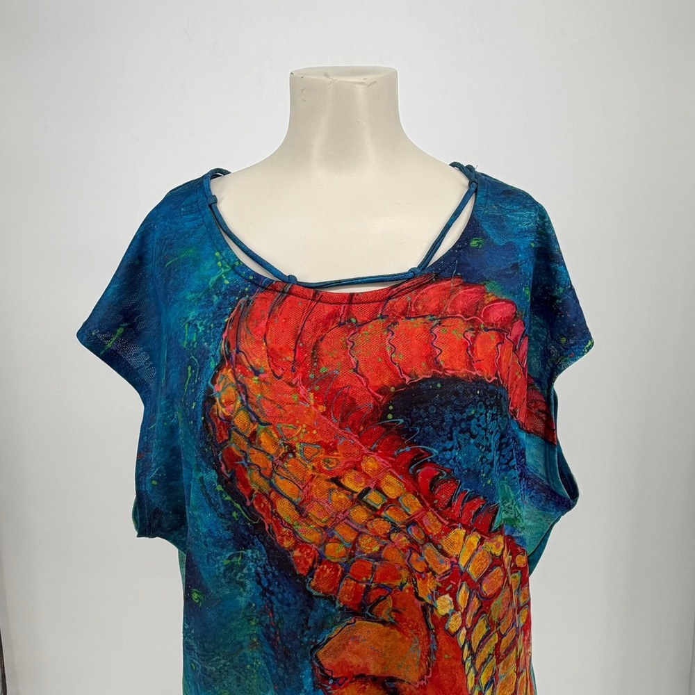 Leoma Lovegrove Alligator Art Print Shift Dress Blue Orange Women L Sleeveless